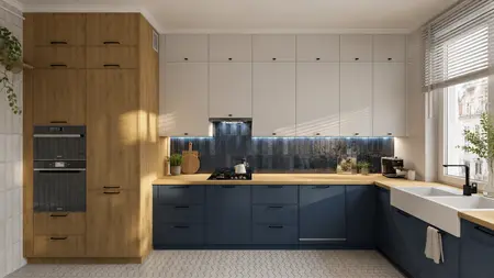 Wnętrze kuchni z elementami art deco, eklektycznymi i minimalistycznymi.