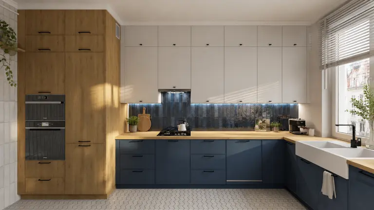Wnętrze kuchni z elementami art deco, eklektycznymi i minimalistycznymi.