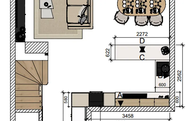 Wnętrze kuchni z jadalnią, drewniane meble, styl glamour i nowoczesny.