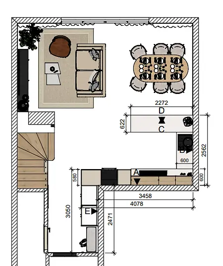 Wnętrze kuchni z jadalnią, drewniane meble, styl glamour i nowoczesny.