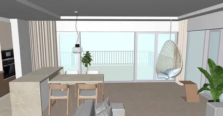 Wnętrze z minimalistyczną jadalnią i nowoczesnym fotelem.