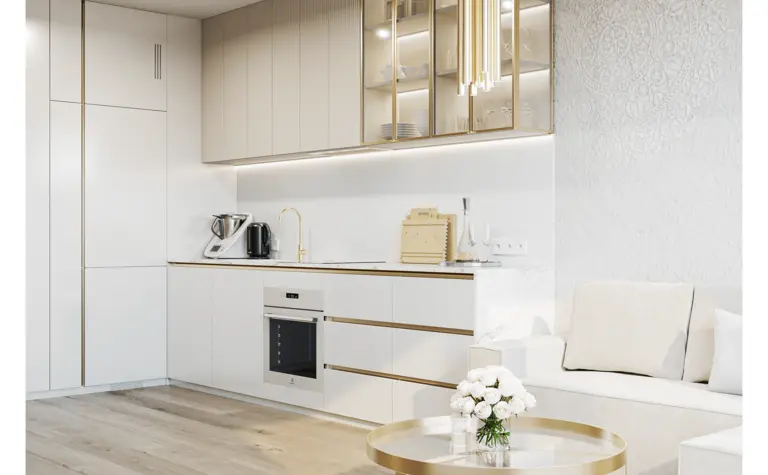 Nowoczesna kuchnia minimalistyczna z białymi meblami i złotymi detalami, styl glamour.