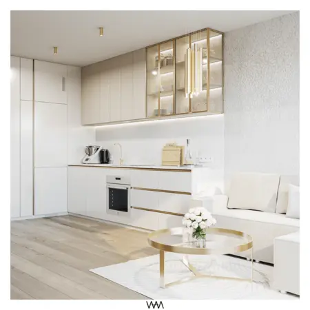 Nowoczesna kuchnia minimalistyczna z białymi meblami i złotymi detalami, styl glamour.