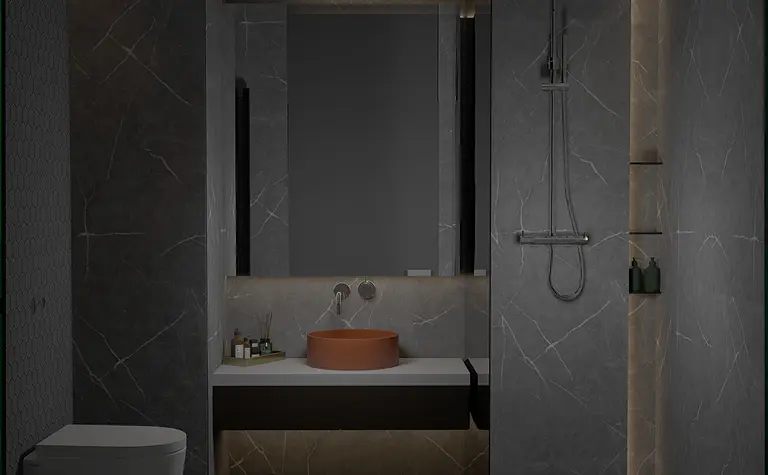 Nowoczesna łazienka z szarymi ścianami, umywalką i minimalistycznym oświetleniem.