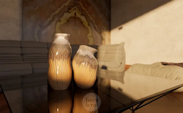 Wnętrze z minimalistycznymi wazonami, drewnianym stołem i elementami quiet luxury.