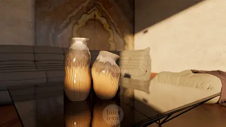 Wnętrze z minimalistycznymi wazonami, drewnianym stołem i elementami quiet luxury.