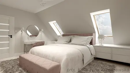 Wnętrze sypialni z różowym łóżkiem, białymi meblami, w stylu glamour i minimalistycznym.