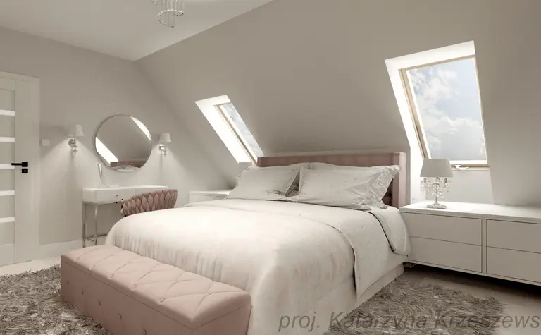 Wnętrze sypialni z różowym łóżkiem, białymi meblami, w stylu glamour i minimalistycznym.
