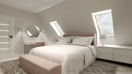 Wnętrze sypialni z różowym łóżkiem, białymi meblami, w stylu glamour i minimalistycznym.