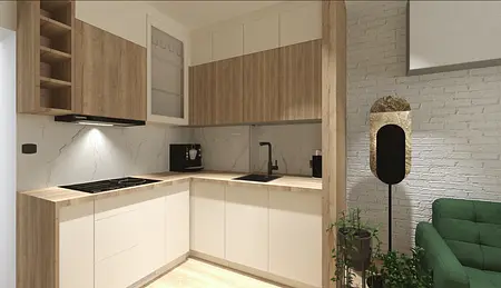 Współczesna kuchnia z drewnianymi meblami, białym blatem i nowoczesnym wyposażeniem.