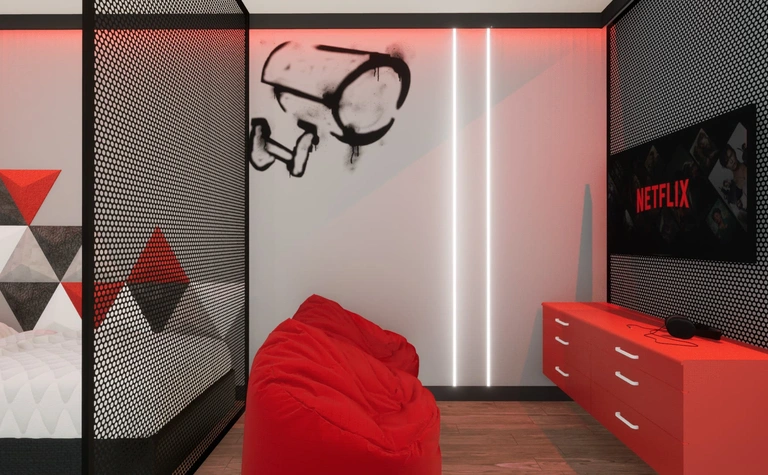 Nowoczesny pokój w stylu industrialnym z czerwonymi akcentami, graffiti na ścianie, podświetleniem LED, ekranem z Netflix, workiem sako i geometrycznymi wzorami
