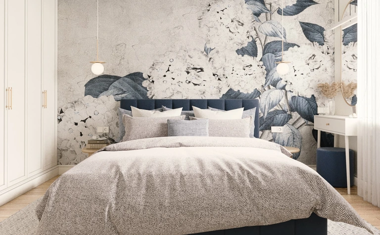 Wnętrze sypialni w stylu eklektycznym z glamour, nowoczesnym i quiet luxury.