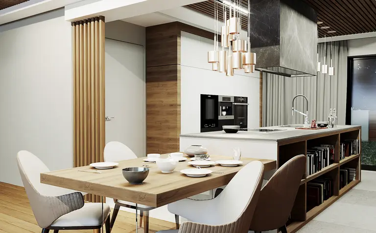 Wnętrze nowoczesnej kuchni z elementami quiet luxury, drewnianym stołem i nowoczesnym oświetleniem.