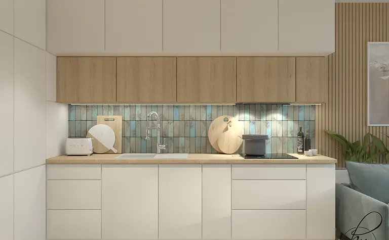 Nowoczesna kuchnia z białymi meblami i drewnianym blatem, minimalistyczny design.