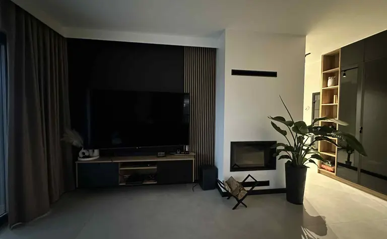 Wnętrze salonu z telewizorem, kominkiem i rośliną w stylu industrialnym i nowoczesnym.