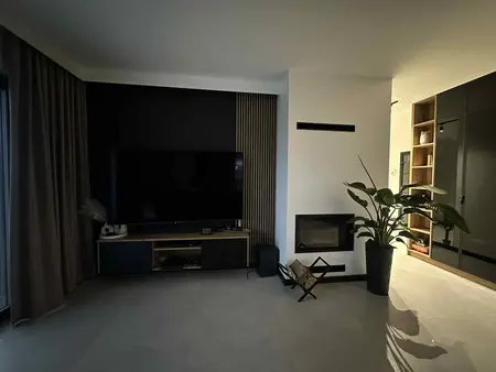 Wnętrze salonu z telewizorem, kominkiem i rośliną w stylu industrialnym i nowoczesnym.