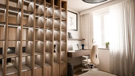 Wnętrze gabinetu z minimalistycznym designem, drewniane półki i nowoczesne meble.