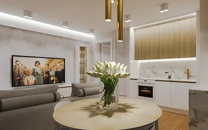 Wnętrze kuchni z białymi meblami, drewnianym blatem i kwiatami, styl quiet luxury.