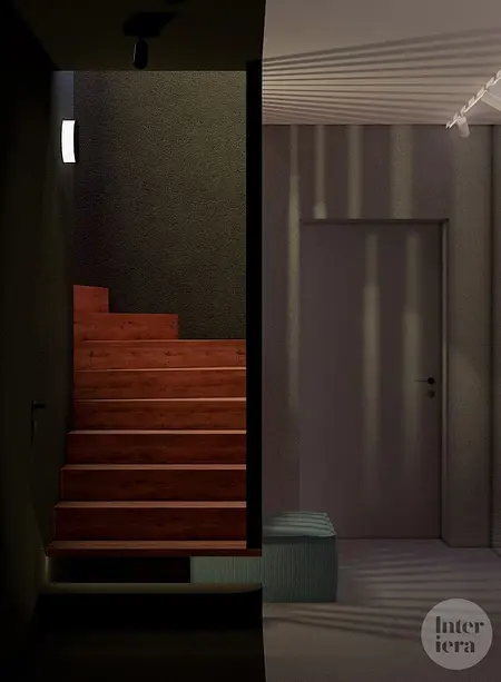 Przedpokój w stylu eklektycznym z drewnianymi schodami i minimalistycznym oświetleniem.