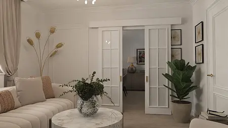 Wnętrze salonu w stylu art deco z białą sofą i rośliną