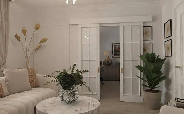 Wnętrze salonu w stylu art deco z białą sofą i rośliną