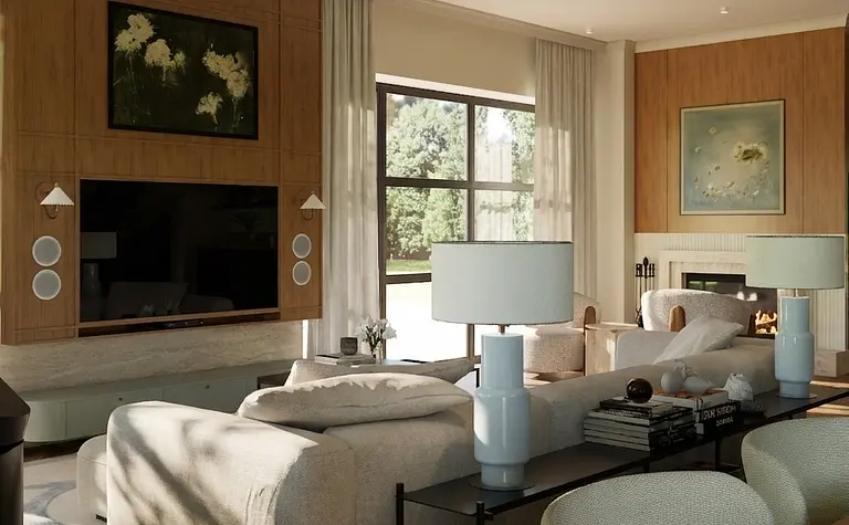 Wnętrze salonu w stylu art deco, eklektycznym, quiet luxury z jasnymi meblami.