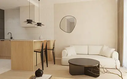 Wnętrze salonu w stylu japandi z minimalistycznym umeblowaniem i współczesnymi akcentami.