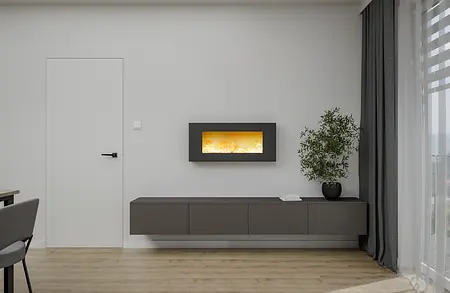 Minimalistyczne wnętrze z szarym meblem, rośliną i nowoczesnym kominkiem.