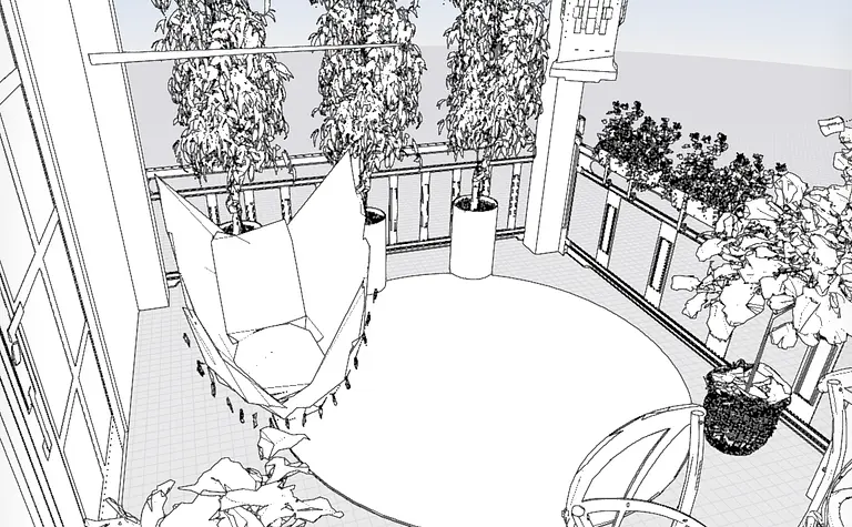Balkon w stylu rustykalnym z huśtawką i zielonymi roślinami.