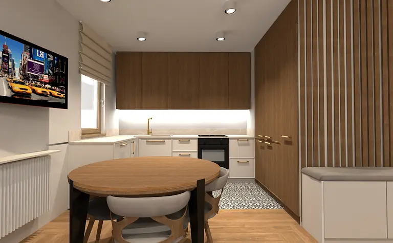 Współczesna kuchnia z drewnianymi meblami i okrągłym stołem.