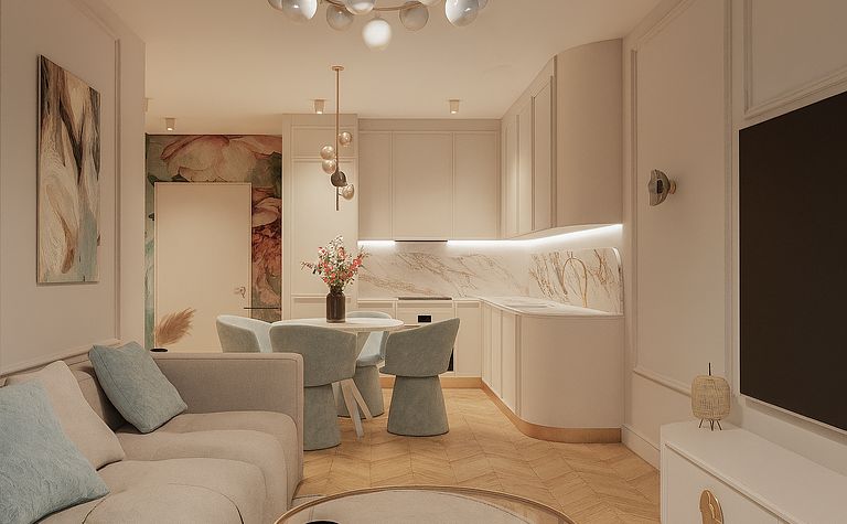 Wnętrze kuchni z beżowymi meblami i nowoczesnymi akcentami w stylu quiet luxury.