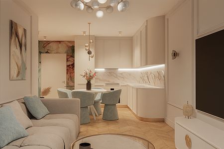 Wnętrze kuchni z beżowymi meblami i nowoczesnymi akcentami w stylu quiet luxury.