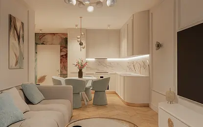 Wnętrze kuchni z beżowymi meblami i nowoczesnymi akcentami w stylu quiet luxury.