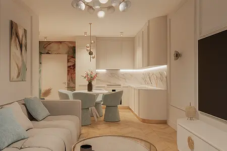 Wnętrze kuchni z beżowymi meblami i nowoczesnymi akcentami w stylu quiet luxury.