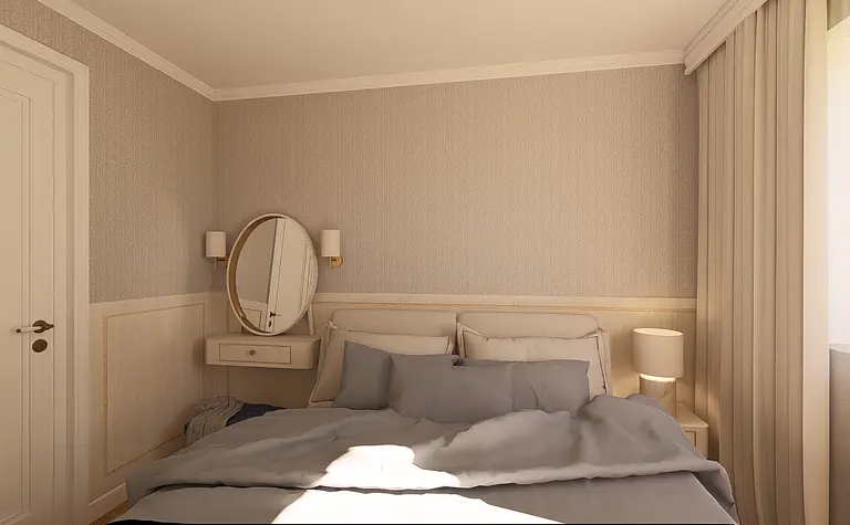 Wnętrze sypialni z szarym łóżkiem i beżowymi ścianami, nowoczesny design.