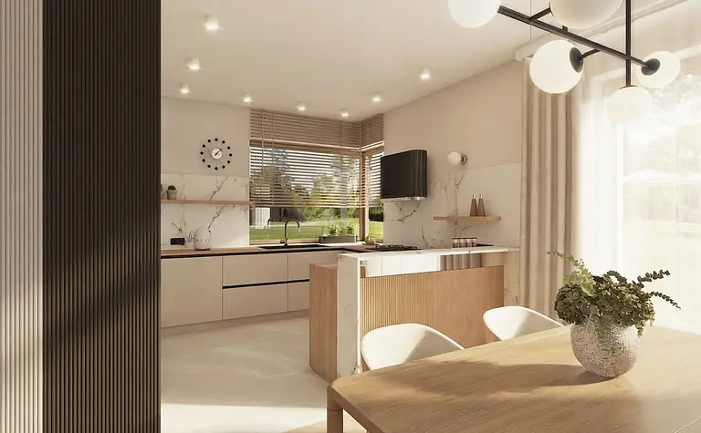 Kuchnia w stylu japandi i minimalistycznym z drewnianymi i białymi elementami.
