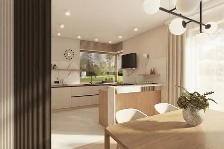 Kuchnia w stylu japandi i minimalistycznym z drewnianymi i białymi elementami.