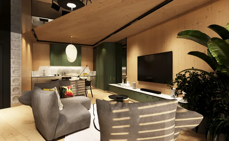 Wnętrze z eklektycznym designem, nowoczesnymi meblami oraz roślinami.