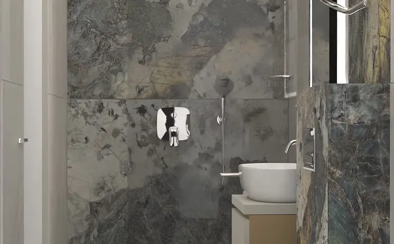 Nowoczesna łazienka w stylu dopamine decor i minimalistycznym z szarymi płytkami.