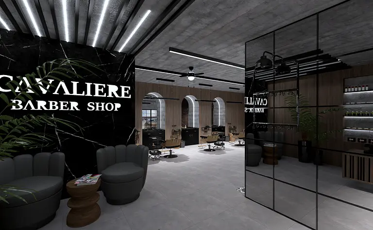 Wnętrze barbershopu z nowoczesnymi fotelami i czarnym tłem.