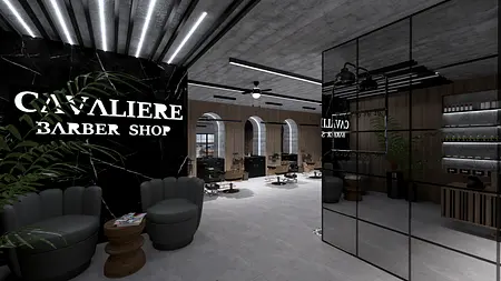 Wnętrze barbershopu z nowoczesnymi fotelami i czarnym tłem.