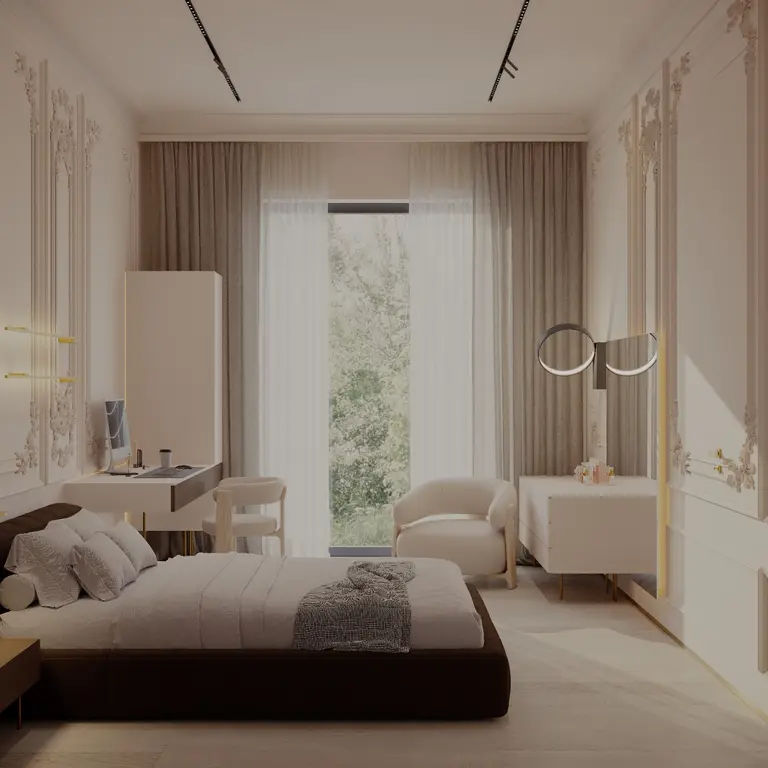 Wnętrze sypialni w stylu minimaluxe i quiet luxury z białym łóżkiem i dekoracyjnymi detalami.
