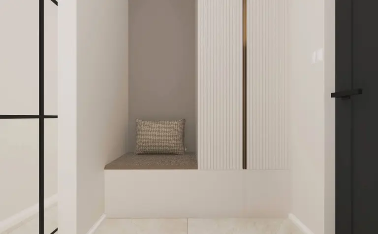 Nowoczesny przedpokój z elementami art deco i glamour, jasne ściany, ciemne akcenty.