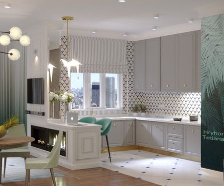 Wnętrze kuchni w stylu glamour i quiet luxury z beżowym blatem i nowoczesnymi akcesoriami.