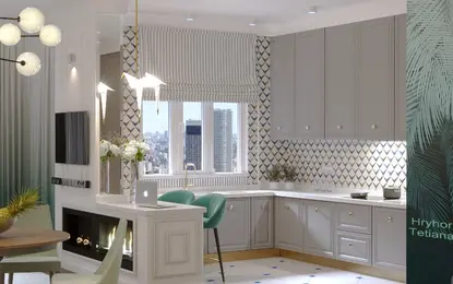 Wnętrze kuchni w stylu glamour i quiet luxury z beżowym blatem i nowoczesnymi akcesoriami.