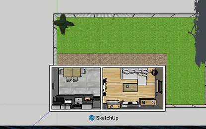 Kuchnia w stylu art deco i skandynawskim z drewnianym stołem i minimalistycznym wykończeniem.