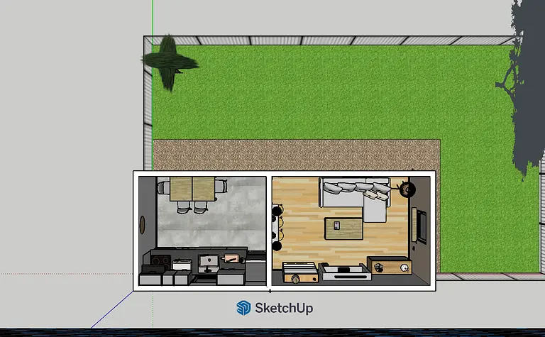 Kuchnia w stylu art deco i skandynawskim z drewnianym stołem i minimalistycznym wykończeniem.