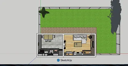 Kuchnia w stylu art deco i skandynawskim z drewnianym stołem i minimalistycznym wykończeniem.