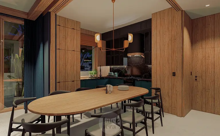 Eklektyczne wnętrze jadalni z drewnianym stołem i niebieskimi akcentami w stylu dopamine decor.