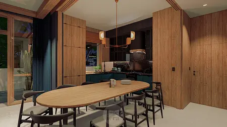 Eklektyczne wnętrze jadalni z drewnianym stołem i niebieskimi akcentami w stylu dopamine decor.